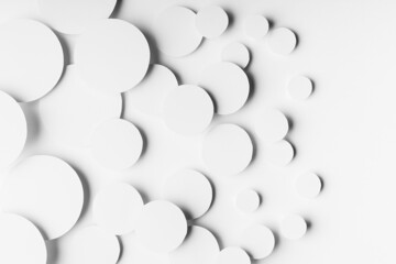 Abstract geometric texture of white paper circles in shining light with soft shadows as mess pattern, border, copy space, top view. Simple delicate clean airy calm mosaic background in minimal style.