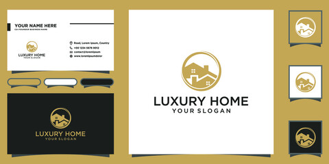 Luxury home logo with circle gold color and business card template Premium Vector