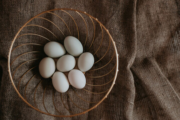 Eggs on a dark background. White eggs. Easter day.