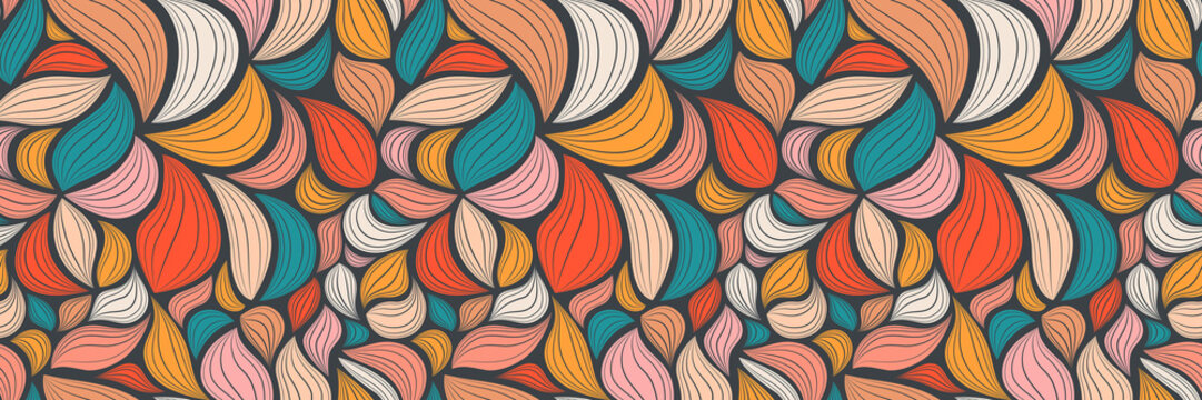 Abstract seamless pattern with hand drawn graphic leaves. Colorful floral summer background  for wallpaper design. Tropical vector illustration design. Banner with decorative geometric waves