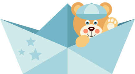 Cute baby boy teddy bear on blue paper boat