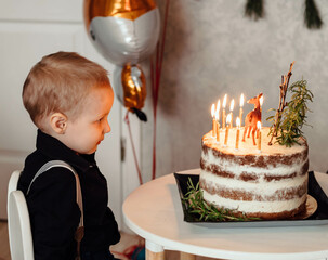 the boy's birthday. my son's birthday. cake with candles. the child blows out the candles. birthday...