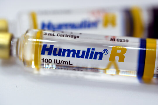 Cairo, Egypt, January 2 2022, Humulin R human insulin rDNA 100 IU solution for subcutaneous or intravenous injection in cartridge used in diabetic patients, regular insulin (human recombinant)