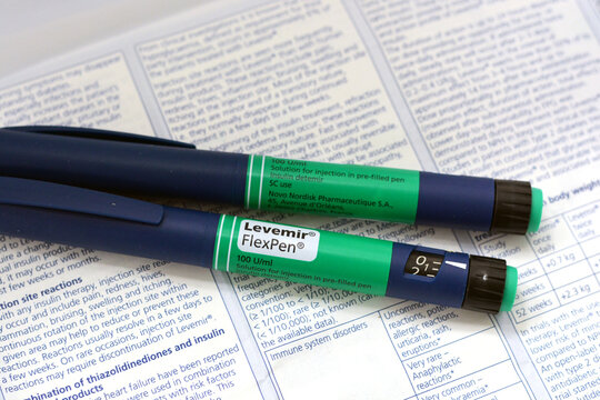 Cairo, Egypt, September 12 2021: Levemir flexpen, a medication of Insulin detemir long-acting insulin to treat both type 1 and type 2 diabetes mellitus used by injection under skin, selective focus