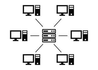 Central main server global online linked network system computer icon design vector template. Blockchain crypto currency smart contract protocol contain cryptography hash, transaction data document.