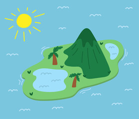 Green mountain peak on small island with palm trees and lakes.