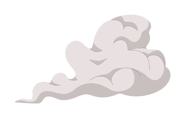 Smoke cloud, exhausts trail from gas, fume, steam and dust. Abstract vapor silhouette flow, moving aside. Smoky effect after explosion, puff. Flat vector illustration isolated on white background