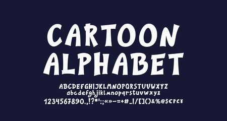 White cartoon font set with alphabet letters, numbers, punctuation marks and currency symbols