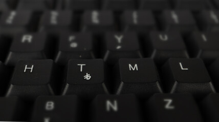 HTML text created with keyboard keys, computer terminology, white html letters on black keyboard