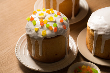 Easter cakes decorated with candied fruits and jelly eggs