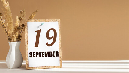 september 19. 19th day of month, calendar date.White vase with dead wood next to cork board with numbers. White-beige background with striped shadow. Concept of day of year, time planner, autumn month