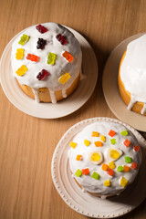 Easter cakes with jelly candies, top view