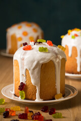 Easter cakes with jelly sweets for children, close-up