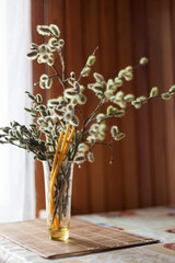 Vase with willow branches on table in room