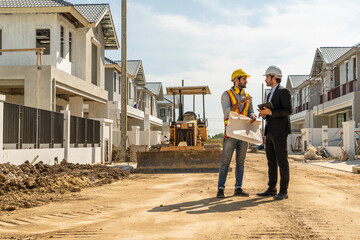 Project Manager consults with Foreman, man holding walkie talkie jogging tokki to check the...