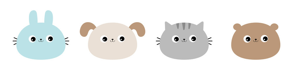 Rabbit bunny hare, cat kitten kitty, bear, dog puppy, face icon set. Kawaii animal. Cute cartoon character. Funny baby. Love card. Flat design. White background. Isolated.