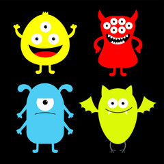Happy Halloween. Monster icon set. Kawaii cute cartoon funny baby character. Colorful silhouette. Sticker print. Eyes, horn, fang teeth tongue, wings. Green bat. Flat design. Black background.