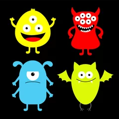 Fotobehang Happy Halloween. Monster icon set. Kawaii cute cartoon funny baby character. Colorful silhouette. Sticker print. Eyes, horn, fang teeth tongue, wings. Green bat. Flat design. Black background. © worldofvector