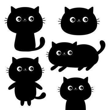 Cute cat set. Cute cartoon funny character. Kawaii kitten baby animal. Standing, lying kitten. Face, tail. Love card. Black silhouette sticker. Flat design. Happy Valentines Day. White background.