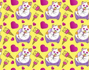 seamless pattern with cats and hearts, vector illustration