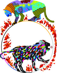 Illustration dedicated to performances in the circus. Lion and tiger jump through a fire hoop. Flat vector illustration isolated on white background.