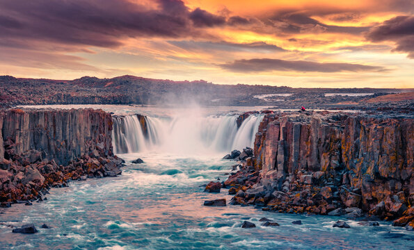 Fototapeta Extraordinary summer view of Selfoss Waterfall. Rocky coast of Jokulsa a Fjollum river, Jokulsargljufur National Park. Great sunrise in Iceland, Europe. Beauty of nature concept background..