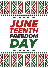 Juneteenth Independence Day. Freedom or Emancipation day. Annual american holiday, celebrated in June 19. African-American history and heritage. Poster, greeting card, banner and background. Vector