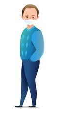 Handsome little boy in mask. Cheerful middle aged teen. Cheerful person. Standing pose. Cartoon comic flat design. Single character. Illustration isolated on white background. Vector