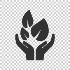 Hand with plant icon in flat style. Flower sprout vector illustration on white isolated background. Environmental protection sign business concept.