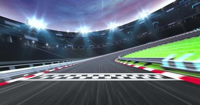 Fast ride on illuminated racing circuit and dawn sky on background. Professional automotive and sports 4K video in seamless loop.