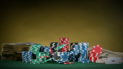 Falling poker chips on the table, macro shot