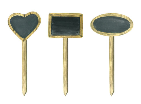 Watercolor illustration of small wooden pointer to indicate the names of domestic plants and flowers. Wooden with a black graphite background on a stick. Rectangle. oval and heart for garden and home - Powered by Adobe