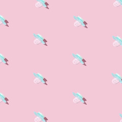 Pattern pink baby pacifiers, dummy with rubber nipple on pink background. 