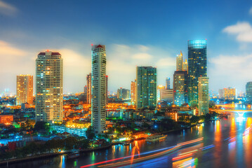 Bangkok cityscape. Bangkok night view.Chao Phraya River during sunset sky, Bangkok, Thailand.