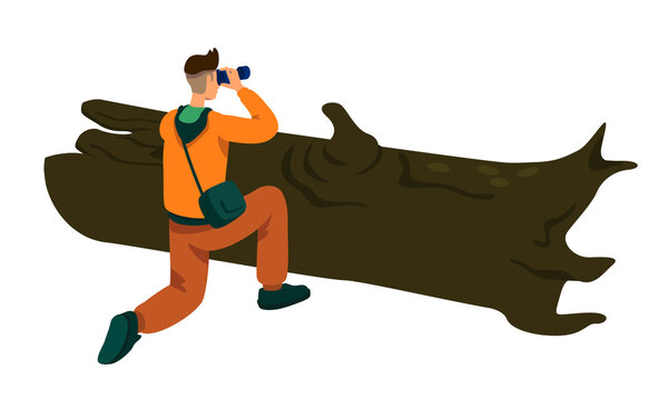 Man shooting wildlife photos semi flat color vector character. Hiding figure. Full body person on white. Nature photographer simple cartoon style illustration for web graphic design and animation