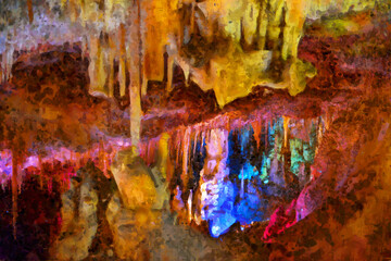 Colorfully lit stalactite cave in Mallorca.
