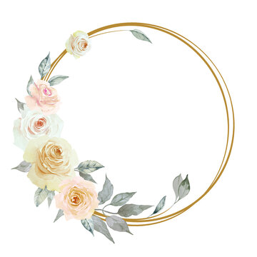 Round floral frame with delicate creamy beige and pink roses and leaves isolated on white background. Hand drawn watercolor. Copy space.