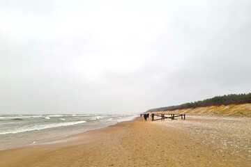 Beautiful view of the foggy morning by the sea.