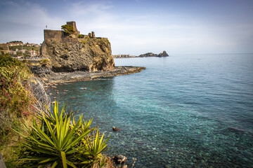 castle on the coast, cyclops coast, aci castello, sicily, italy, europe, catania - obrazy, fototapety, plakaty