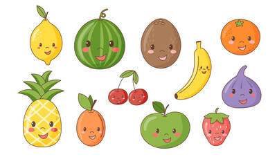 Set of whole rape kawaii fruit characters	

