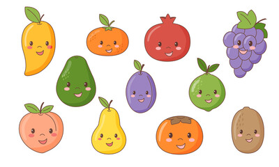 Set of whole rape kawaii fruit characters