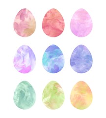 Watercolor set of Easter eggs liquid for the holy holiday of Easter. Decoration, templates for postcards and stickers.


