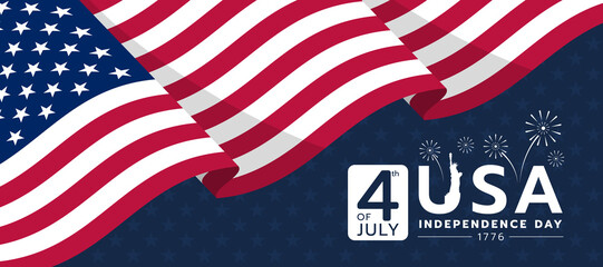 Fototapeta Celebrating 4 th of july USA independence day - waving american national flag on dark blue start texture background vector design obraz