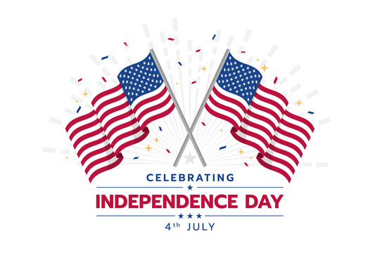 Celebrating 4 th of july USA independence day - two crossed american flag and ribbon firewok vector design