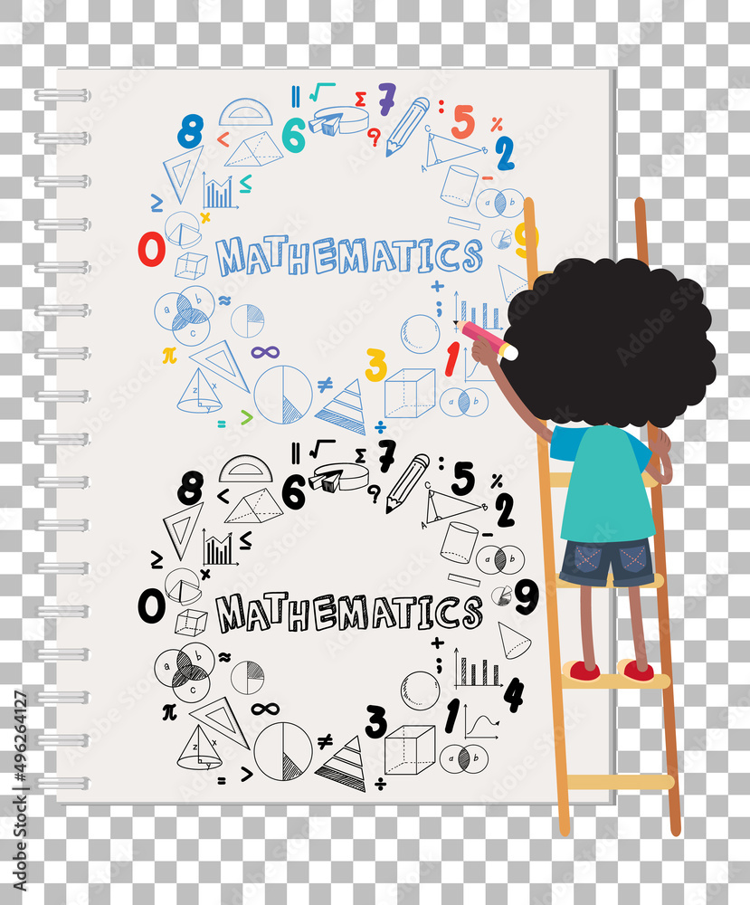 Poster doodle math formula on notebook page with kid