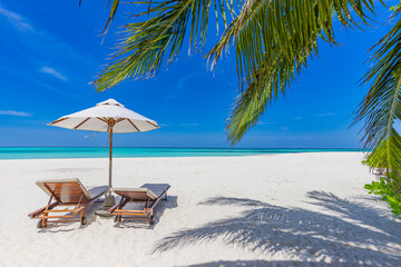 Tropical beach nature as romantic summer landscape, two chairs umbrella under palm leaves, closeup sea sand horizon. Luxury travel island, beautiful destination vacation holiday. Recreational scenic