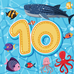 Number ten with sea animals