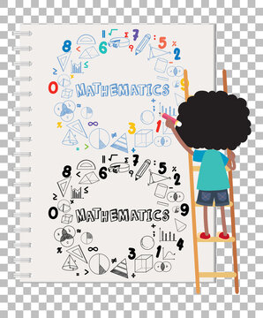 Doodle math formula on notebook page with kid