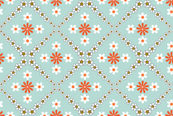 Abstract Floral Diagonal Squares Ditsy Spring Flowers Seamless Trendy Pattern Sweet Small Daisies Bright Chic Colors Perfect for Allover Print