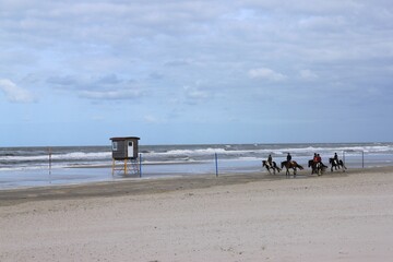 Fototapeta na wymiar on the beach there is a wooden hut on stilts where some horses with riders ride by